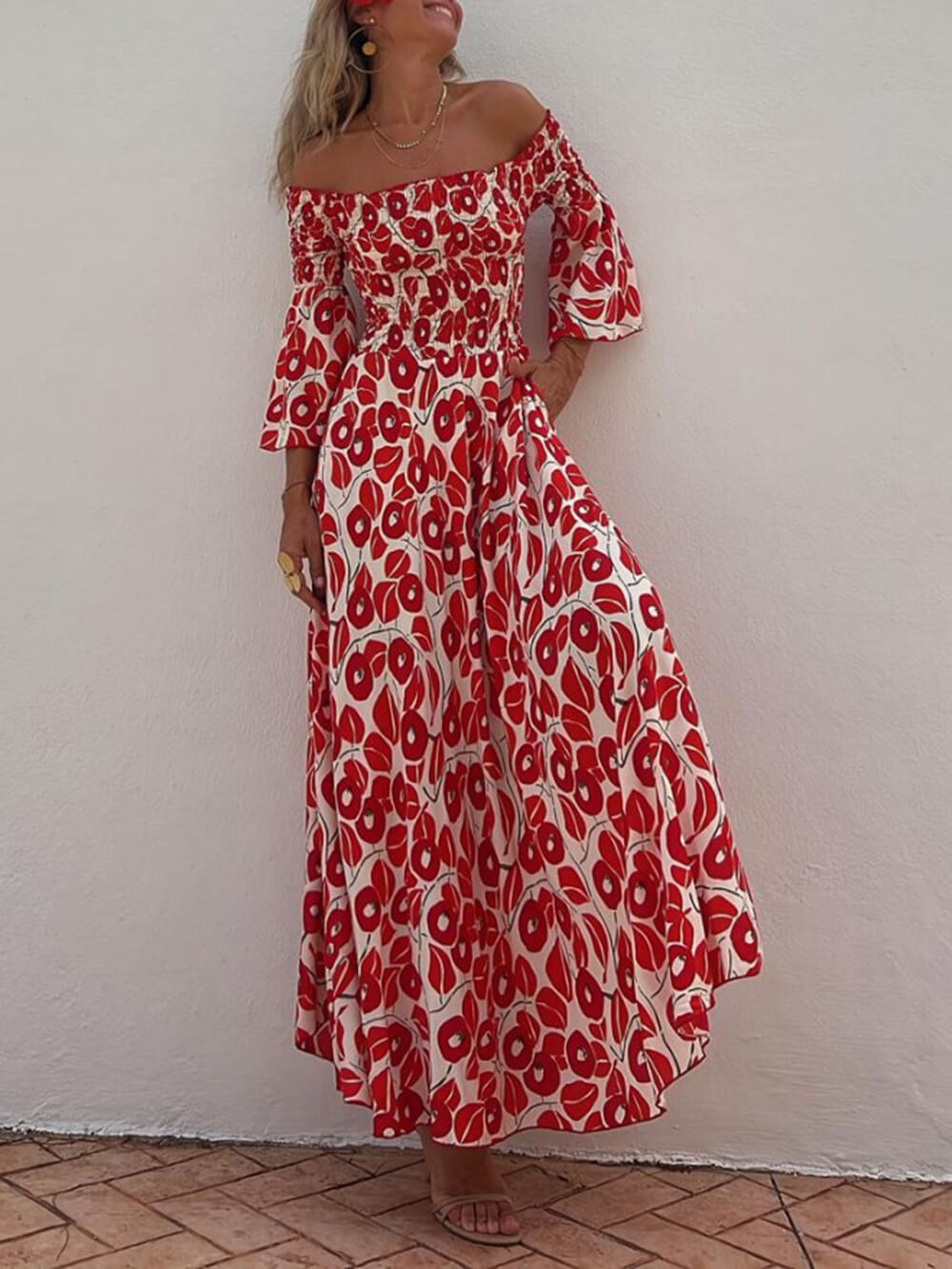 Off-Shoulder Smocked Maxi Dress