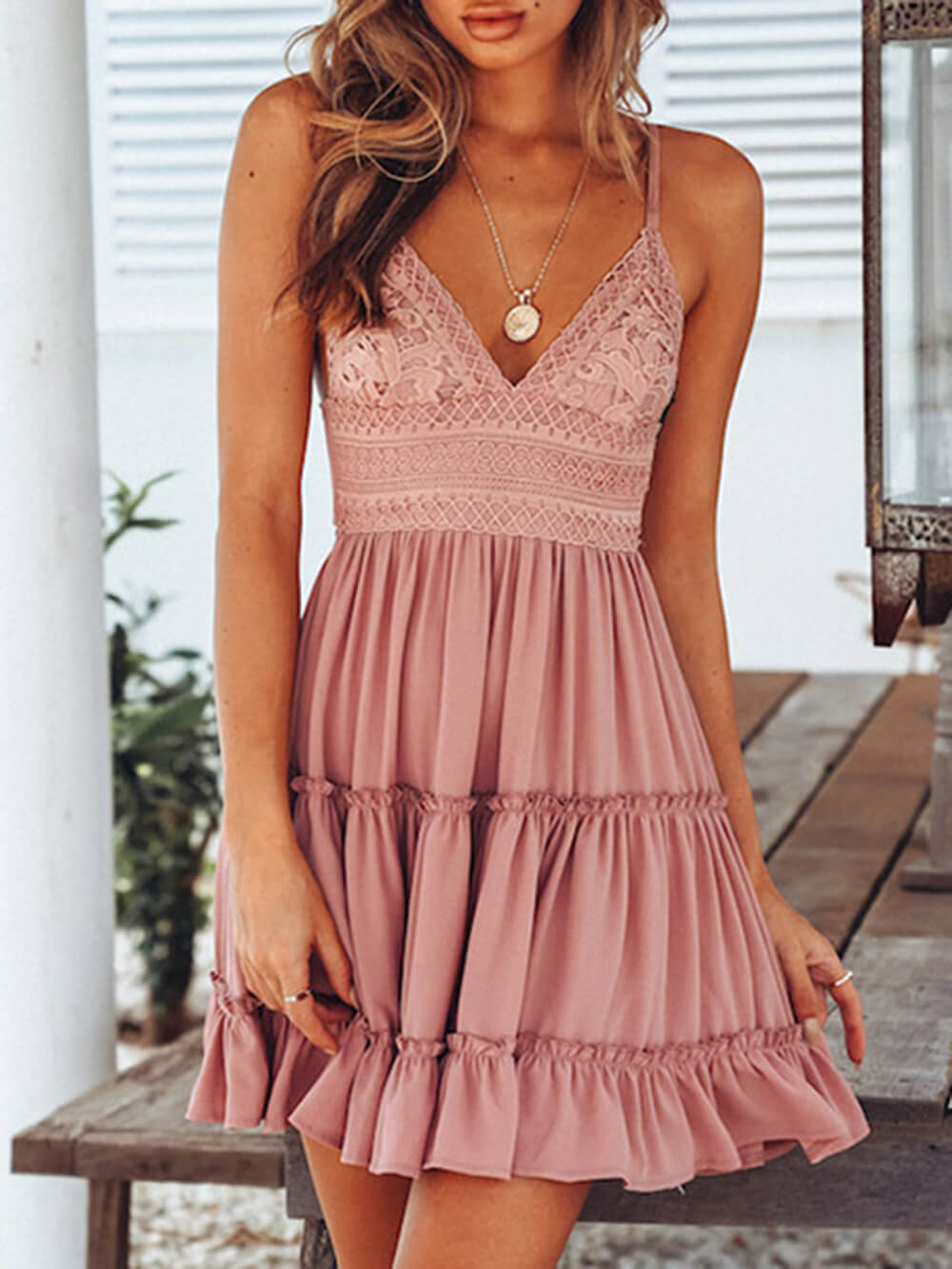 Lace-Trim V-Neck Mini Dress