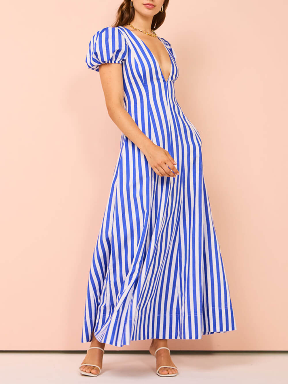 Wavy Stripe Bubble Sleeve Maxi Dress