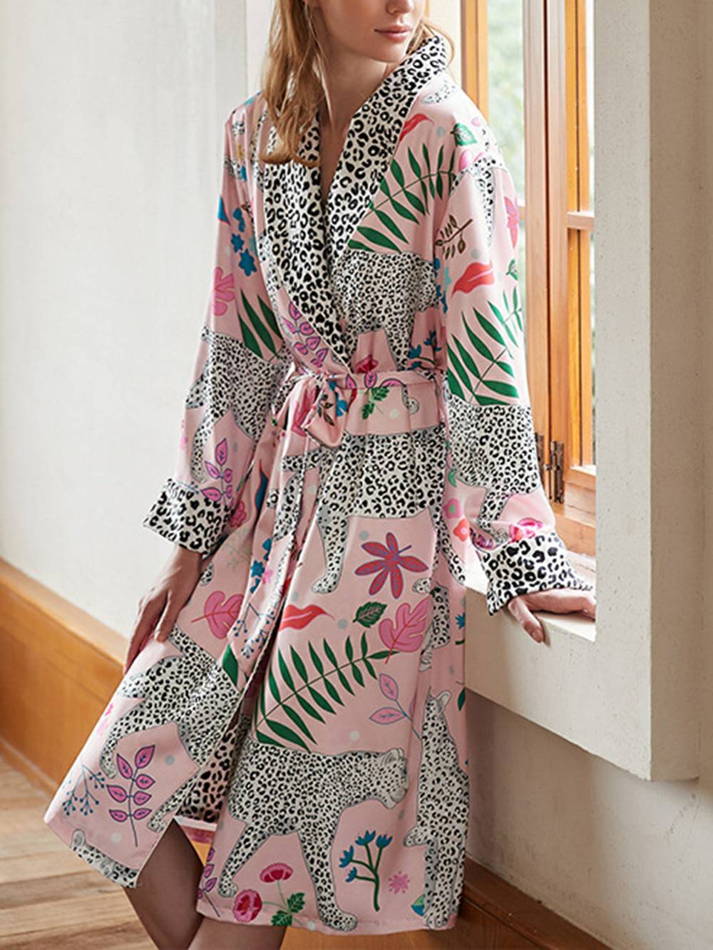 Pink Snow Leopard Silk Robe Set