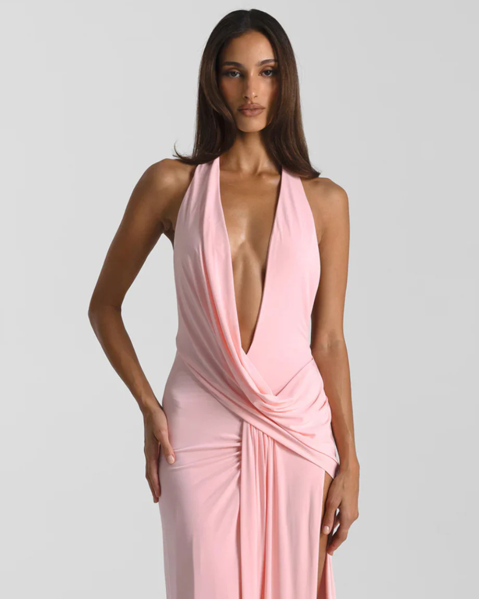 Plunge Halter Backless Maxi Dress