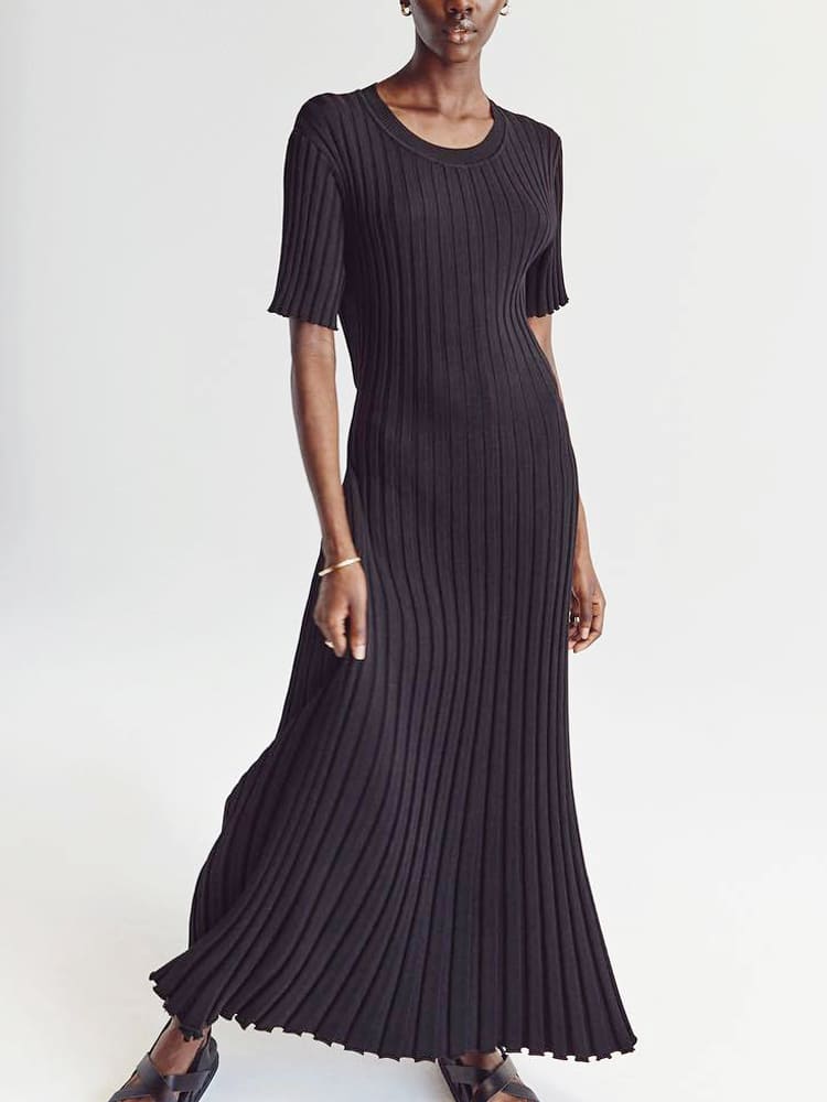 Striped Crew Neck Knit Maxi Dress