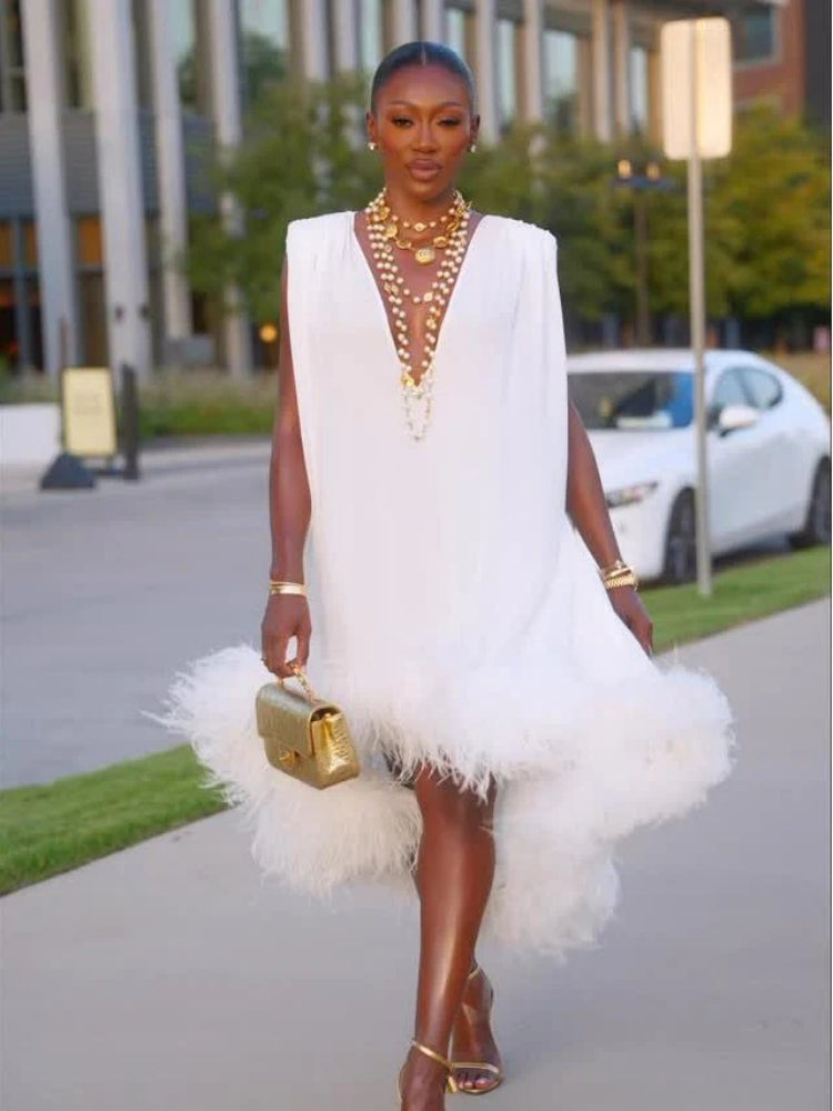 Feather Trim Asymmetric Midi Dress