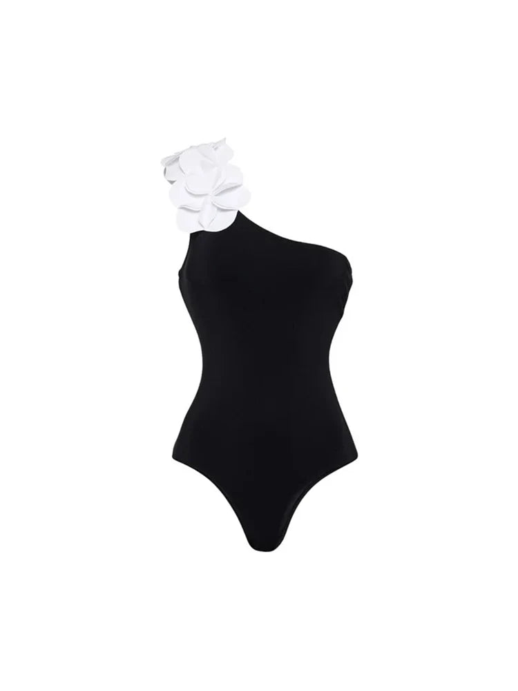 3D Floral One-Shoulder Black Swimsuit