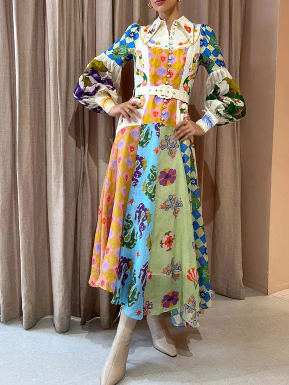 Graffiti Print Balloon Sleeve Maxi Dress