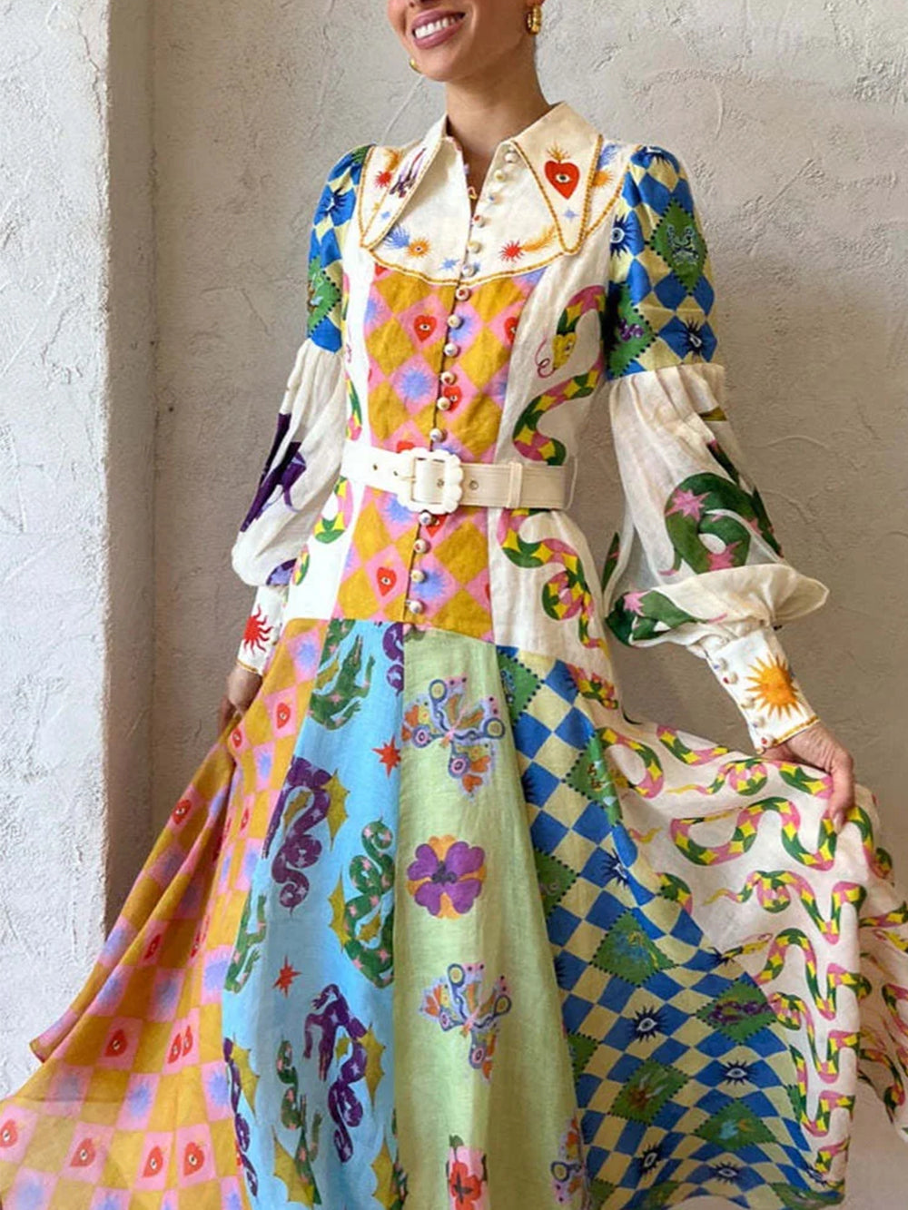 Graffiti Print Balloon Sleeve Maxi Dress