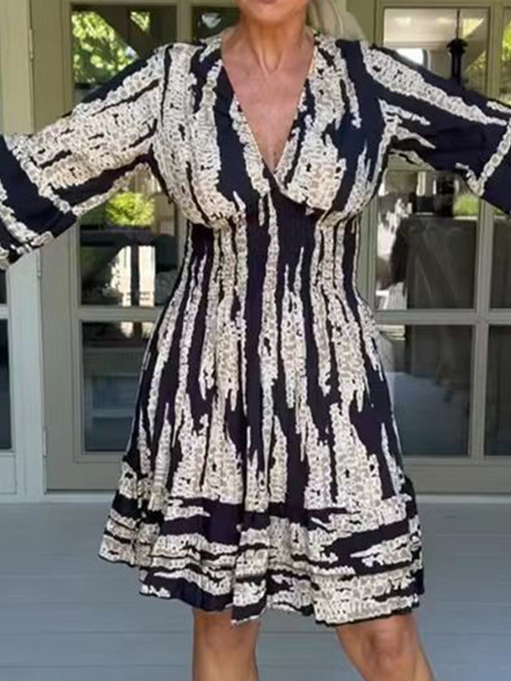 Chevron Pleat V-Neck Dress