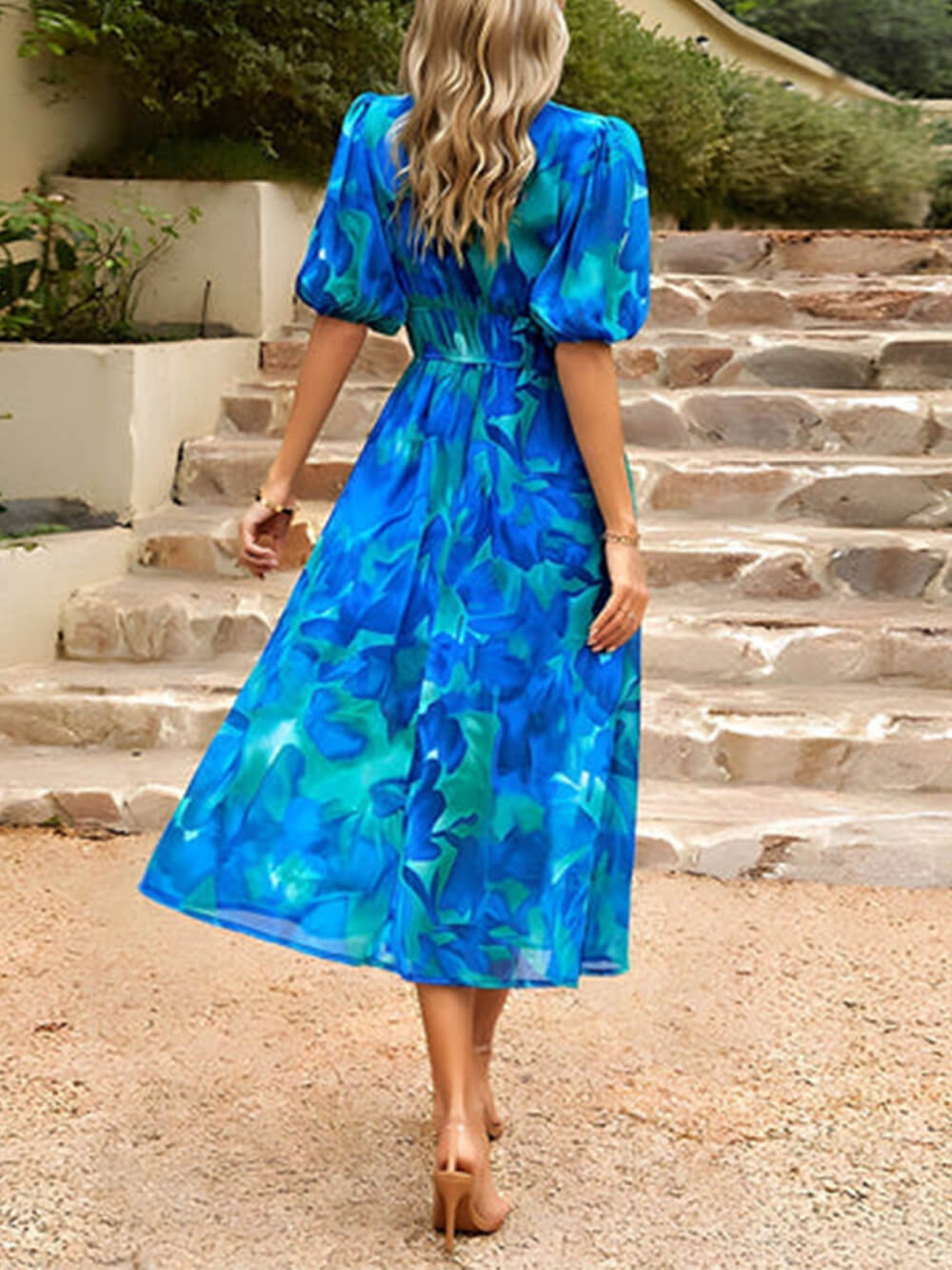 Printed V-Neck Midi Dress