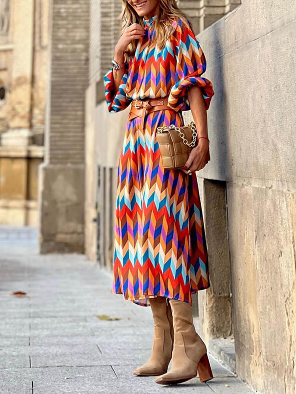 Stand Collar Print Dress
