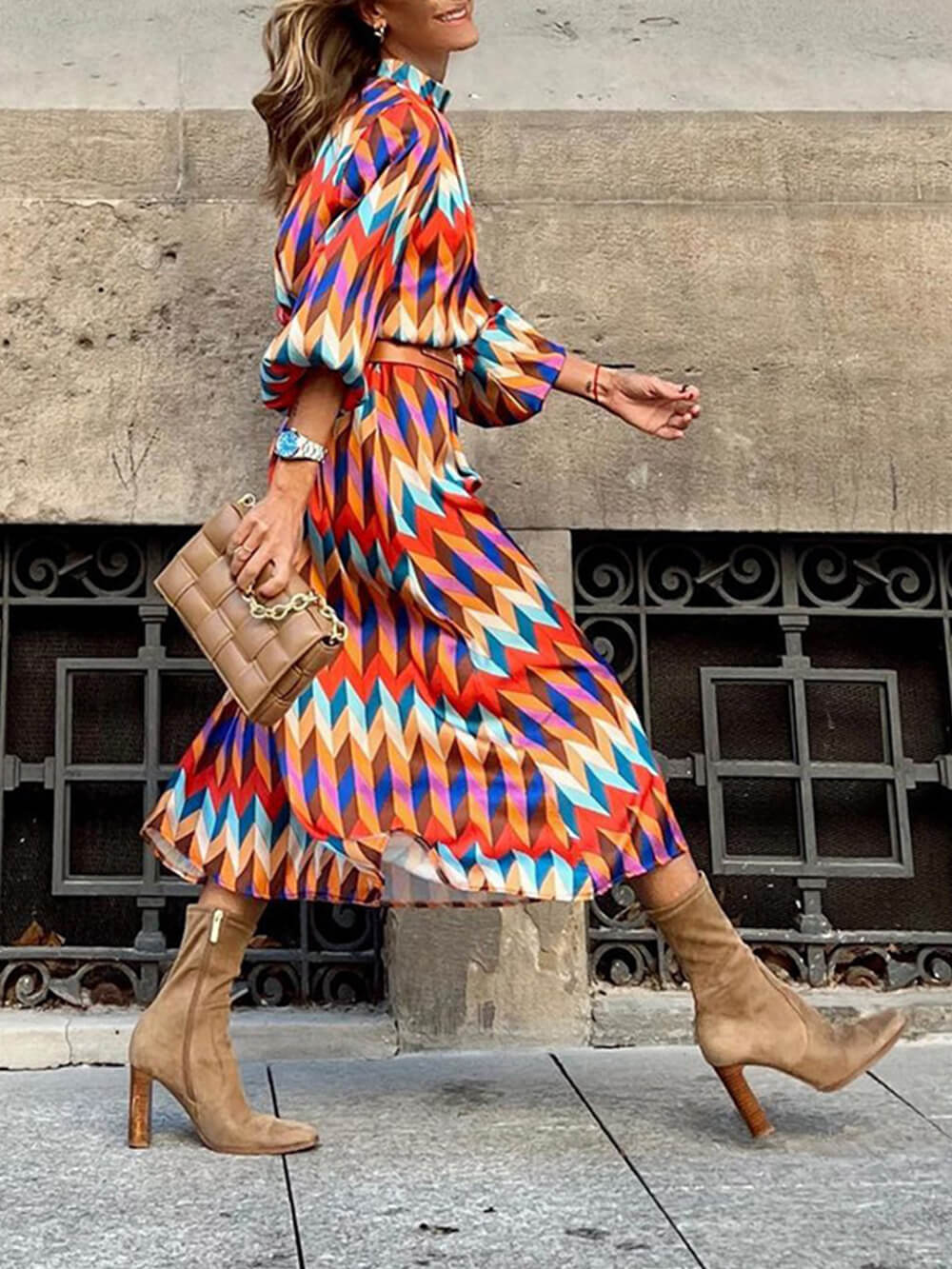 Stand Collar Print Dress