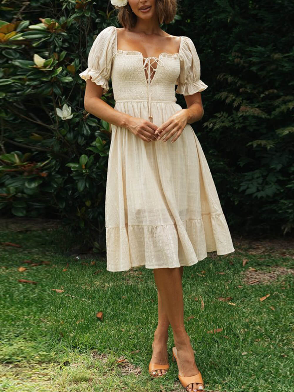 Cutout Waist Pastoral Midi Dress