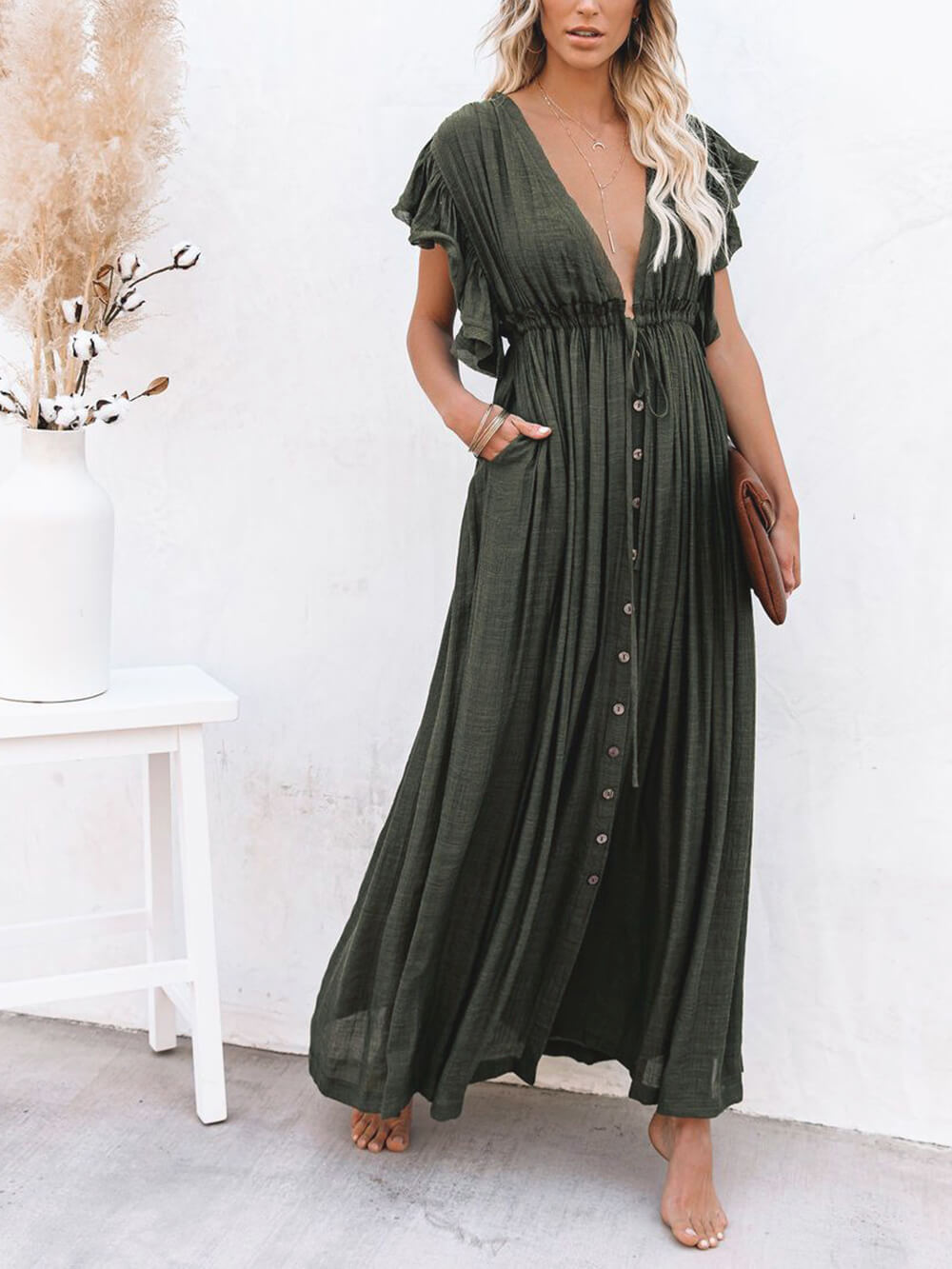 Button-Front Linen Beach Maxi Dress