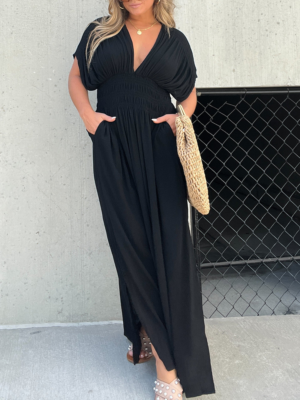 Kimono Sleeve Smocked Maxi Dress