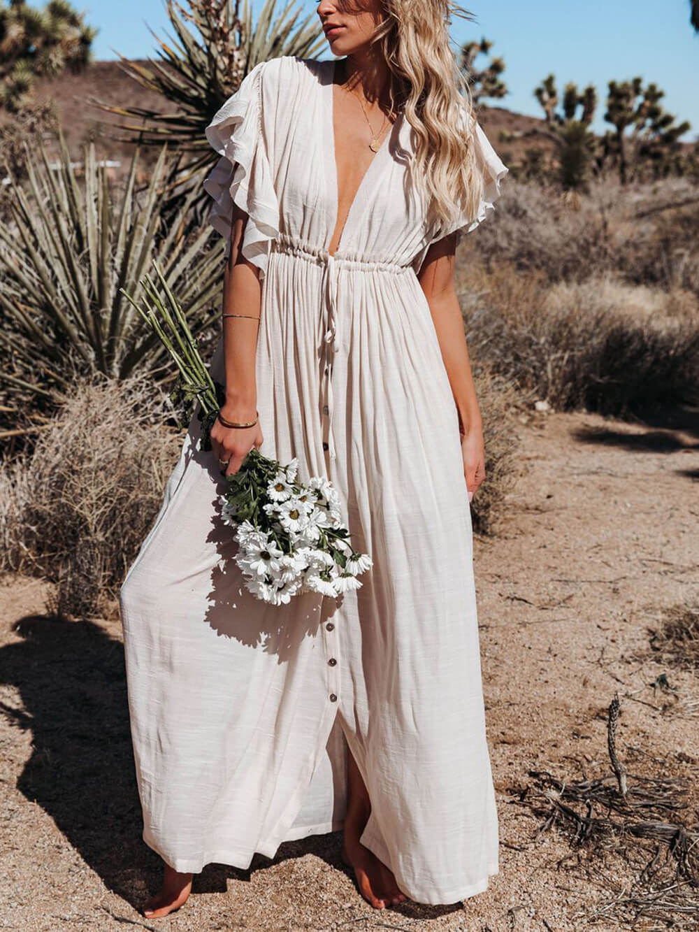 Button-Front Linen Beach Maxi Dress