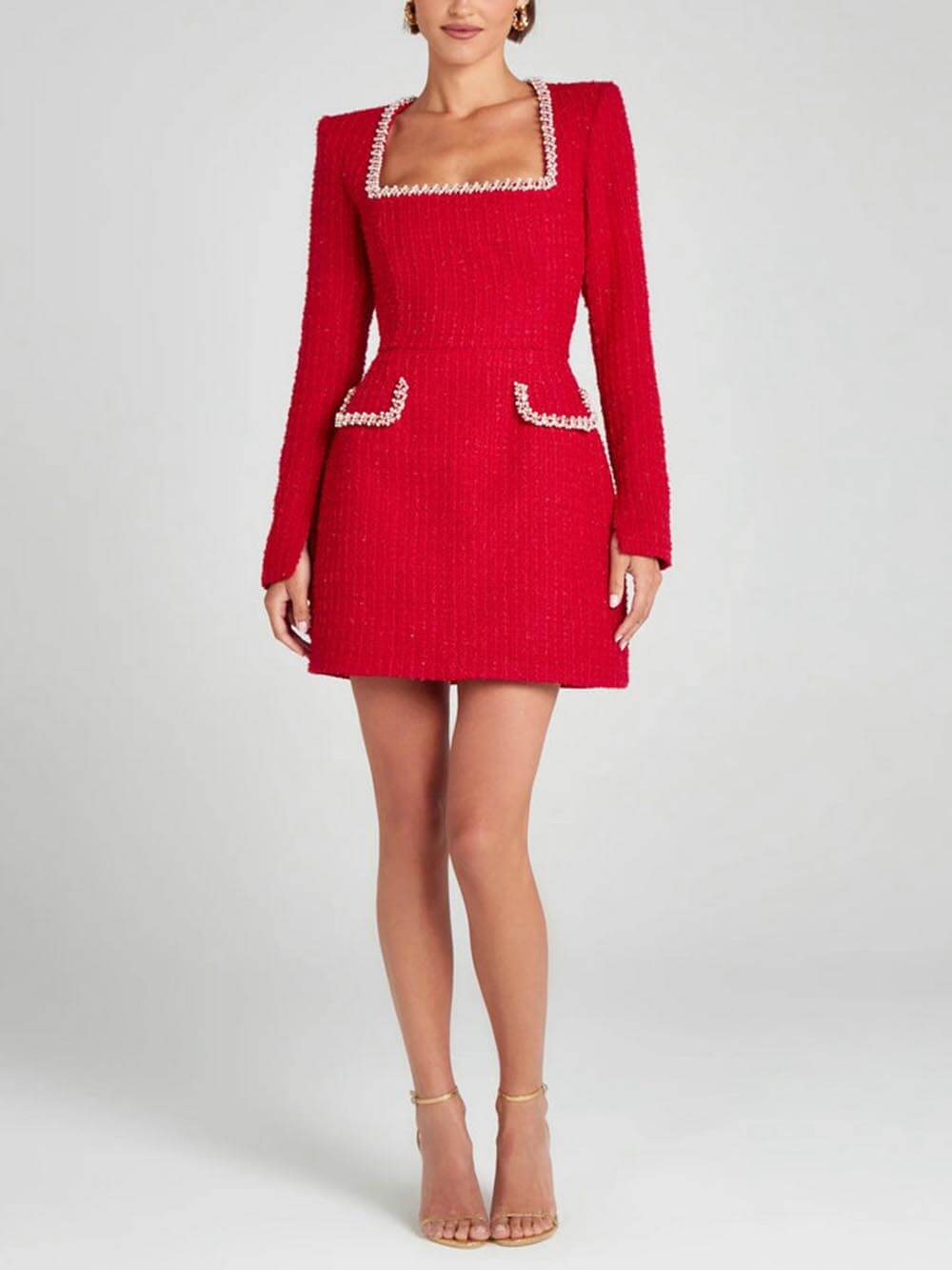 Pearl-Trim Slit Sleeve Mini Dress