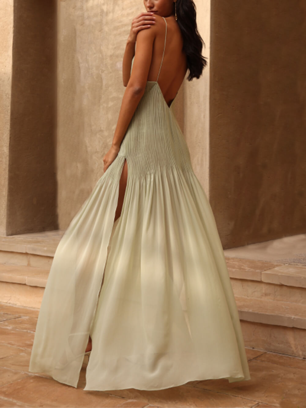 Pleated Patchwork Slit Maxi Dress