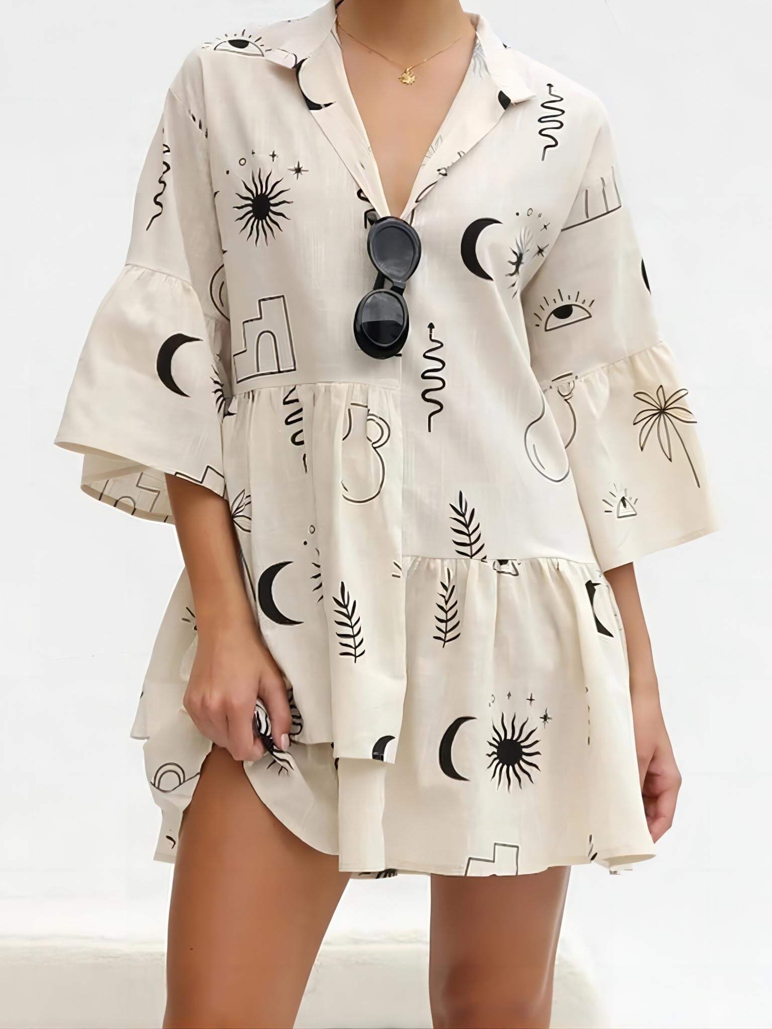 Floral Print Bell-Sleeve Shirt Dress