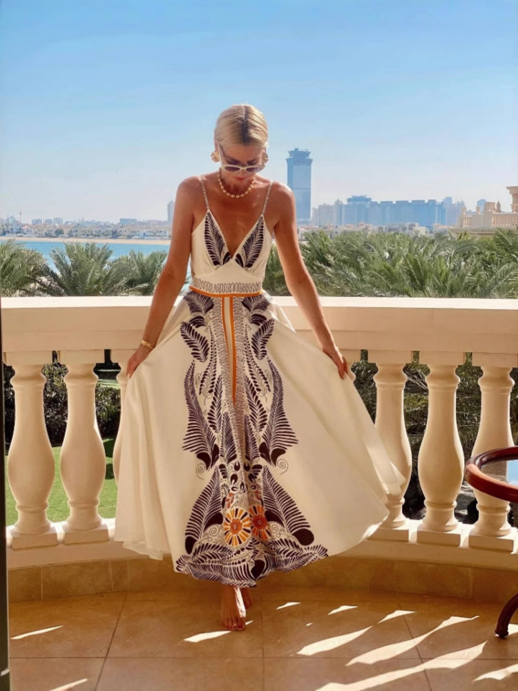 Backless Tie Print Maxi Dress