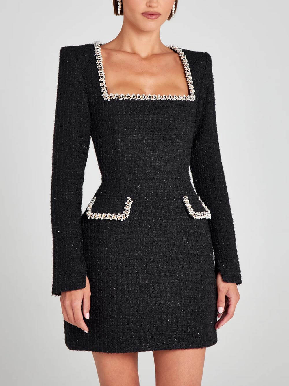 Pearl-Trim Slit Sleeve Mini Dress