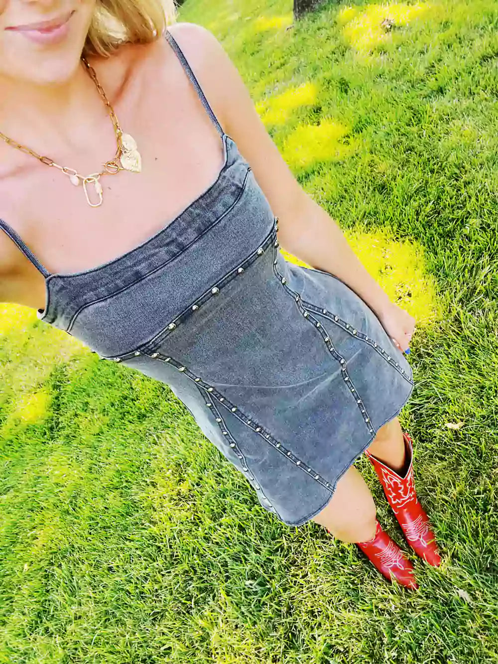 Studded Strap Denim Mini Dress