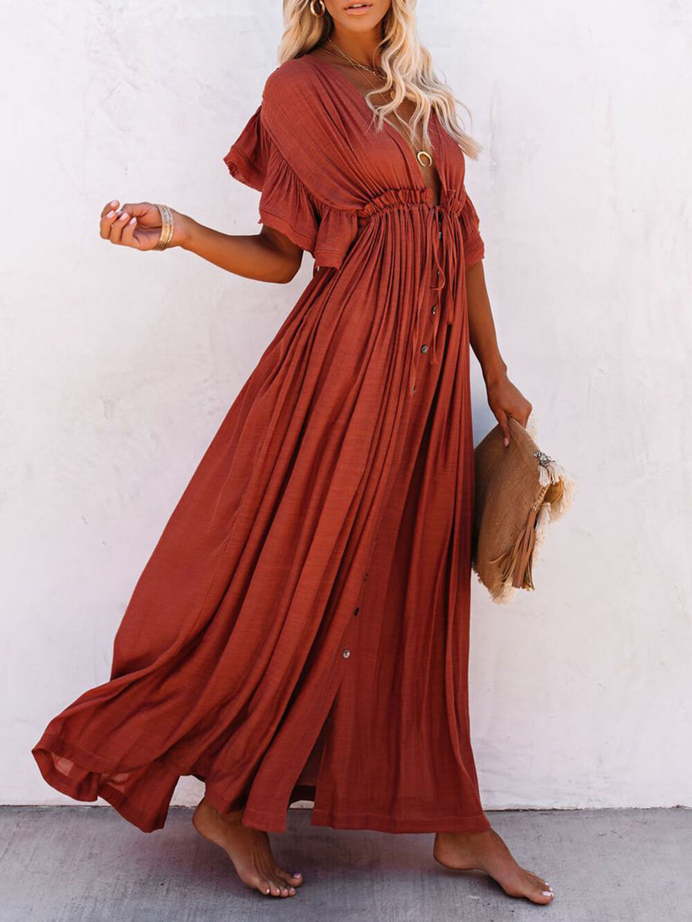 Button-Front Linen Beach Maxi Dress