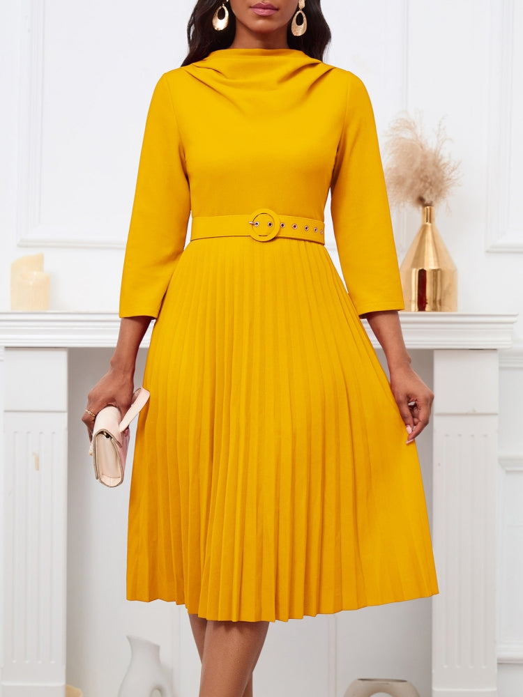 Belted Pleated Collar Dress