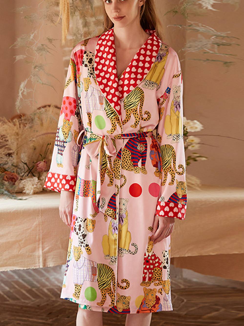 Leopard Print Silk Robe Set
