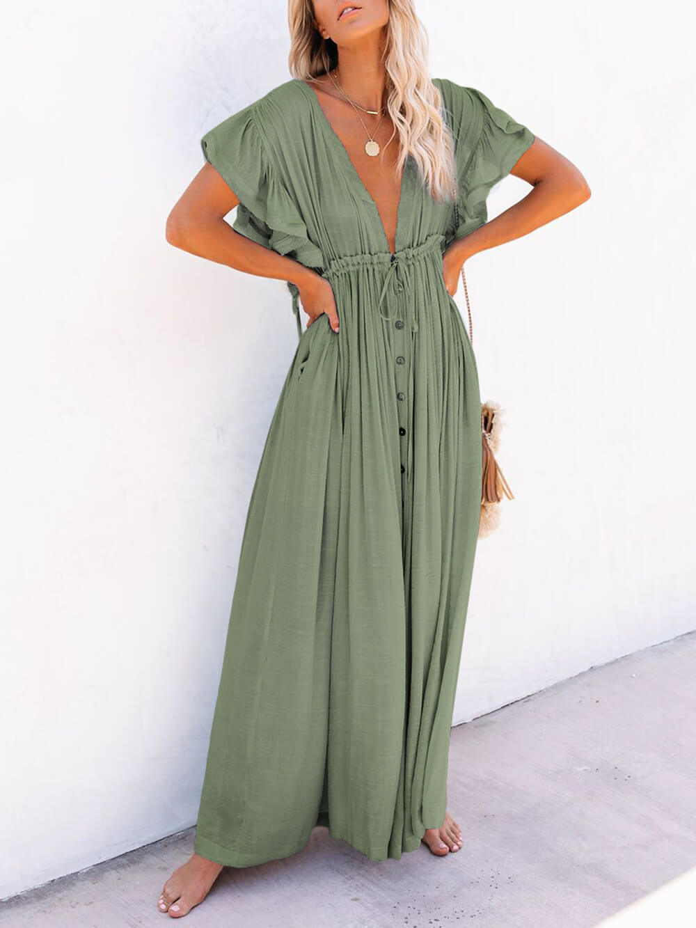 Button-Front Linen Beach Maxi Dress