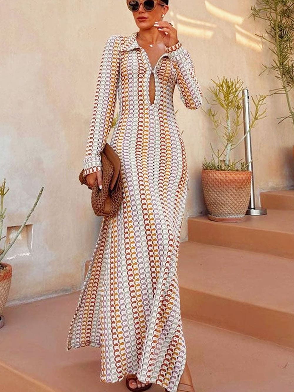 Brown Crochet Split Maxi Dress