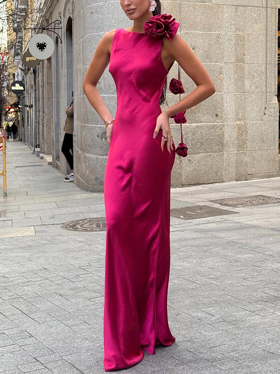 Floral Satin Ribbon Maxi Dress
