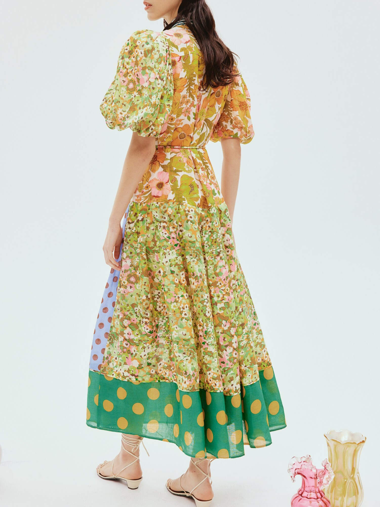 Floral Puff-Sleeve Open-Back Midi Dress