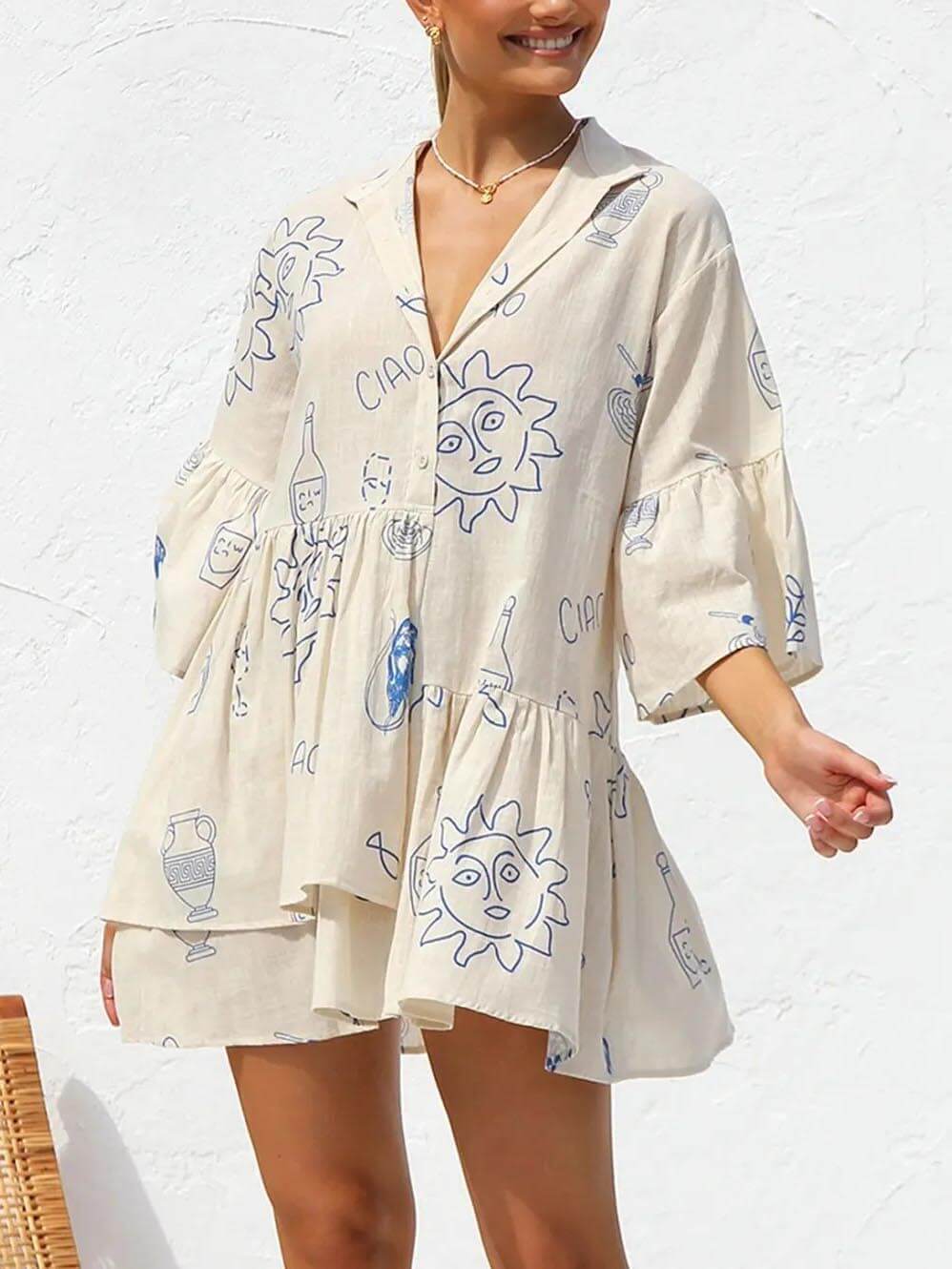 Floral Print Bell-Sleeve Shirt Dress