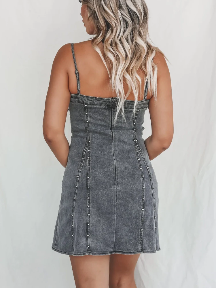 Studded Strap Denim Mini Dress
