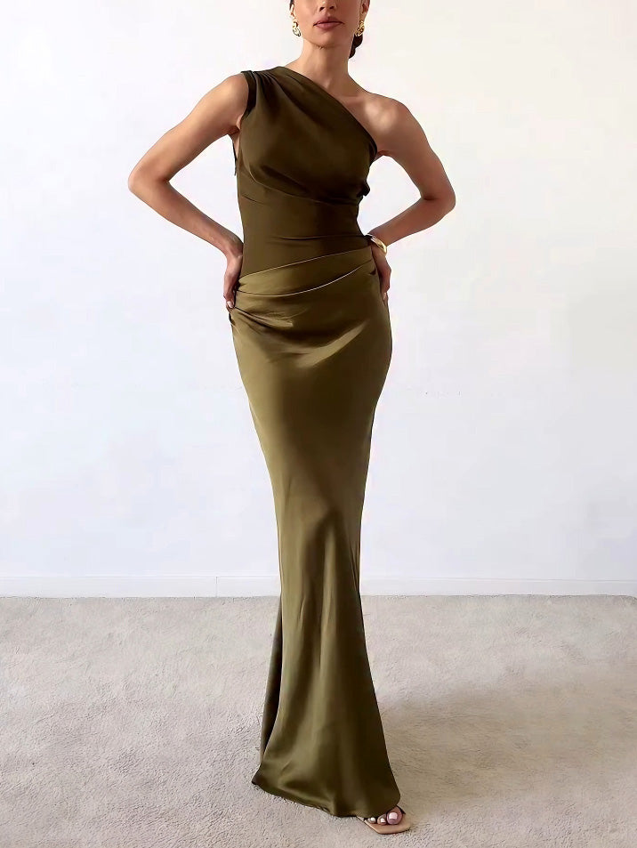 Pleated One-Shoulder Maxi Dress