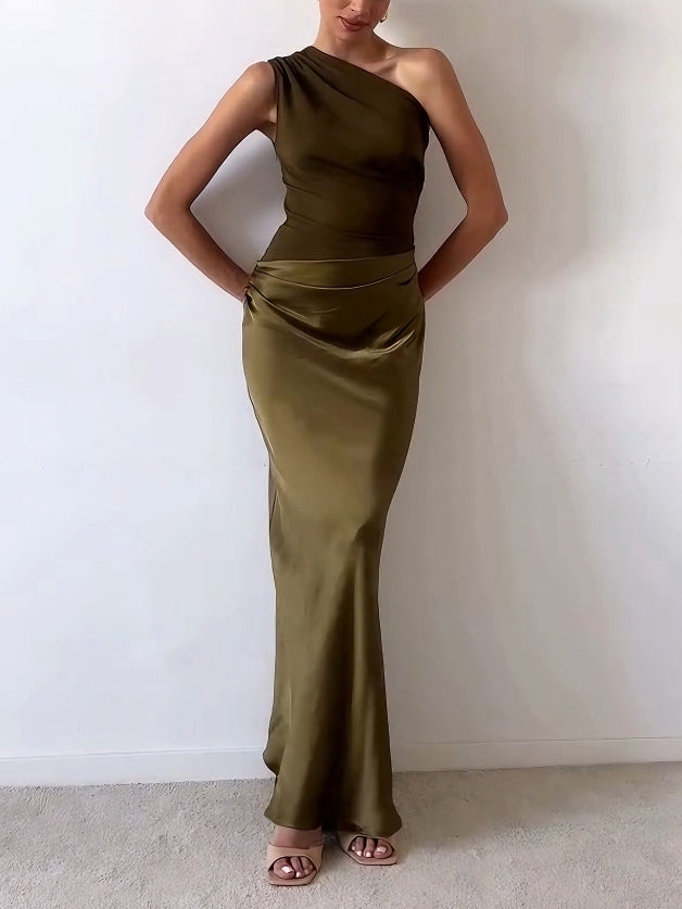 Pleated One-Shoulder Maxi Dress