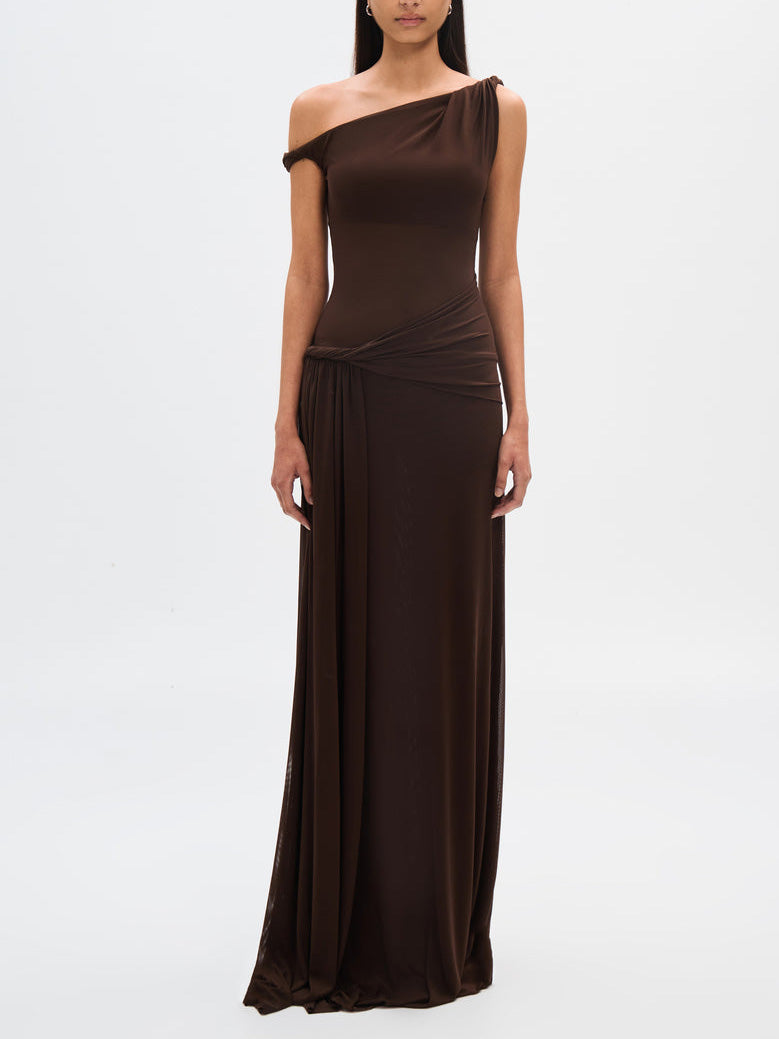Draped Off-Shoulder Mesh Maxi Dress