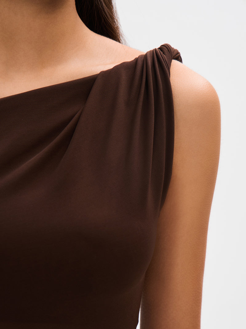 Draped Off-Shoulder Mesh Maxi Dress