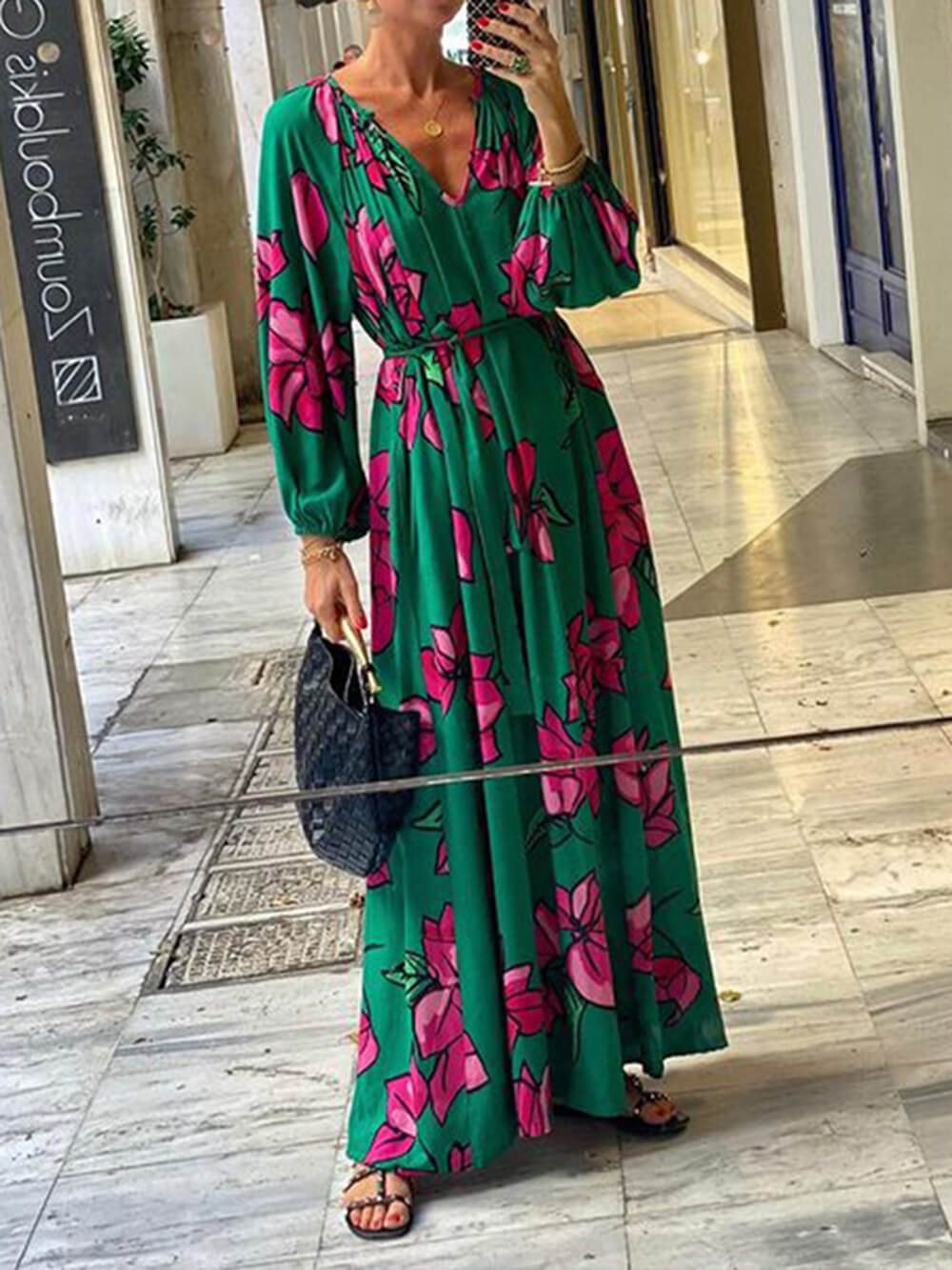 Printed V-Neck Beach Maxi Dress