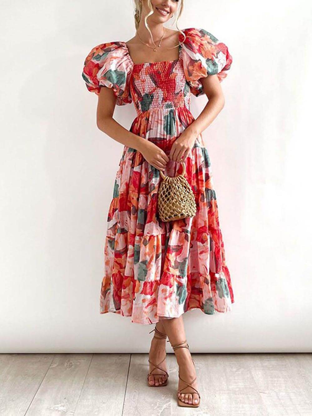 Smocked Tiered Flare Midi Dress