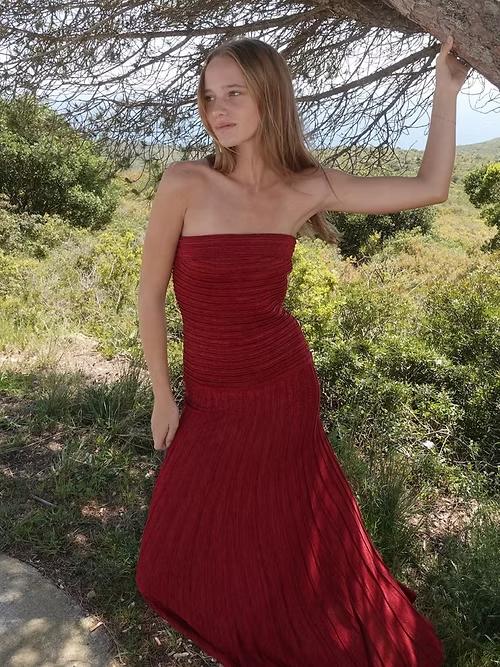 Strapless Pleated Wine Maxi Dress