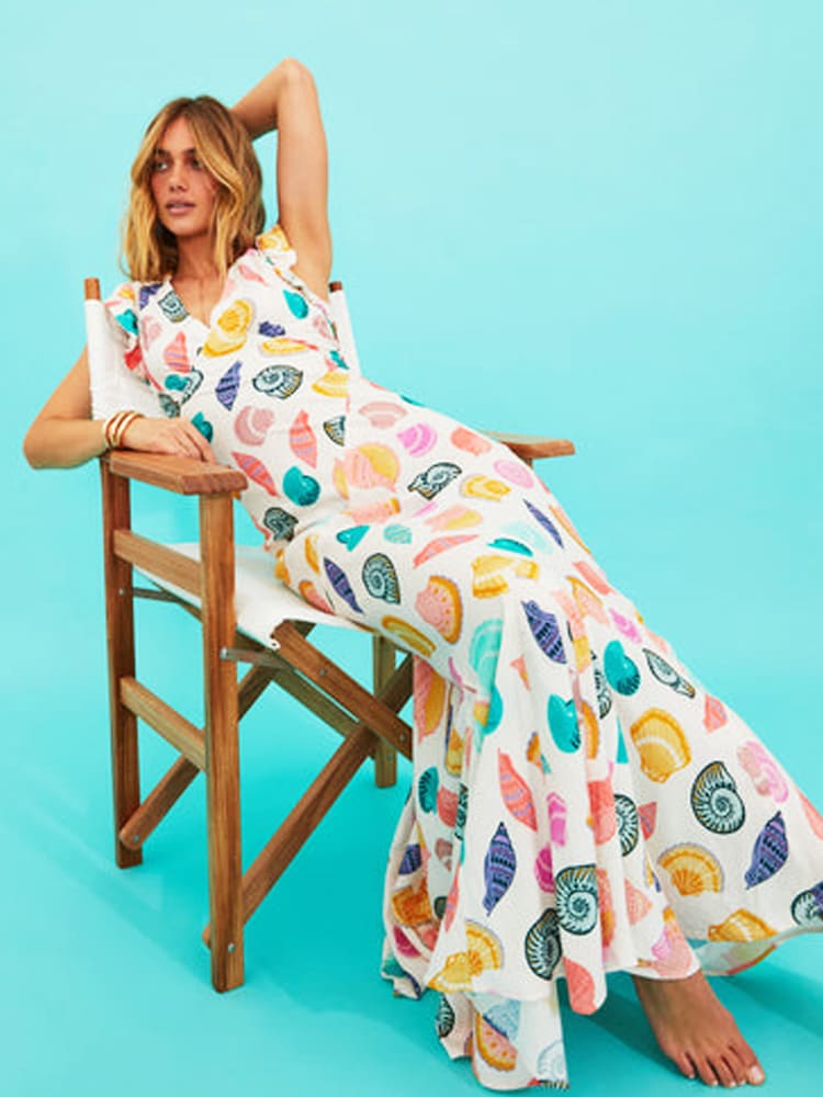 Seashell Print Ruffle Maxi Dress