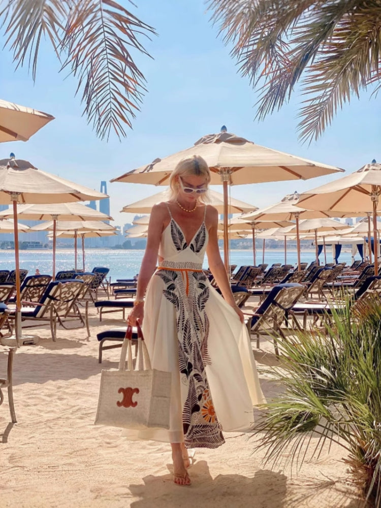 Backless Tie Print Maxi Dress
