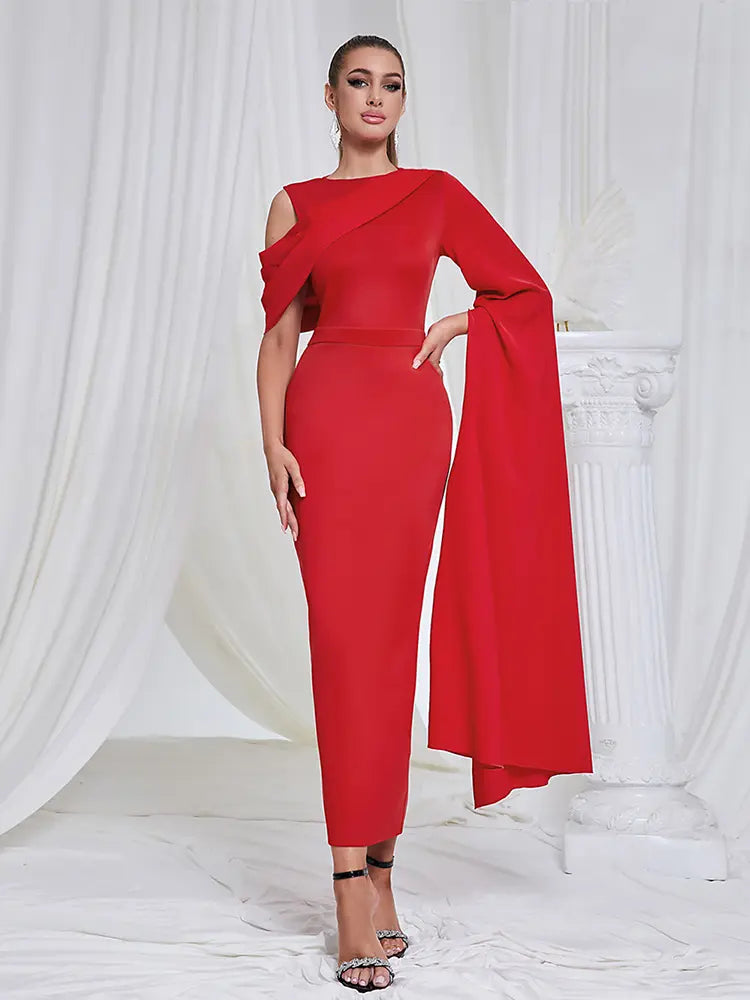 Red Shoulder Slit Evening Dress