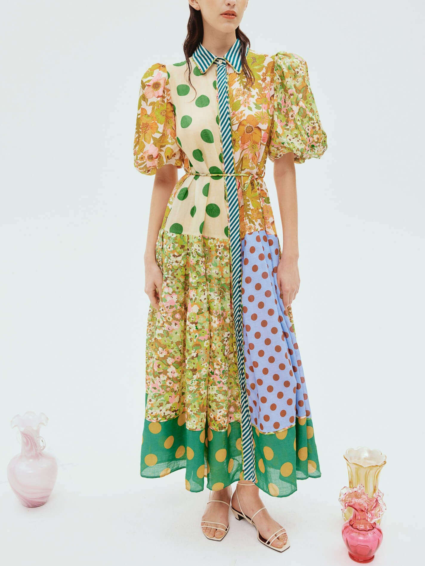 Floral Puff-Sleeve Open-Back Midi Dress