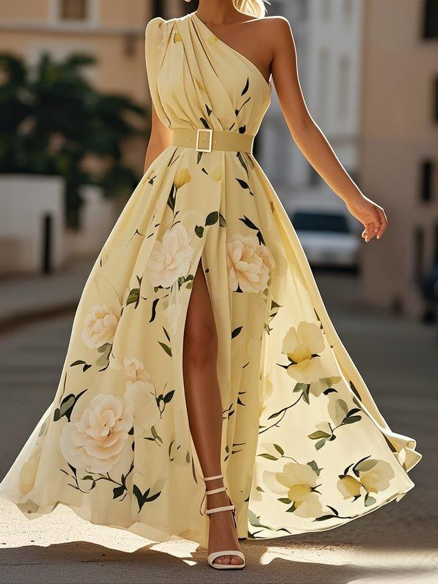 The Flora — One Shoulder Floral Chiffon Maxi Dress with Split