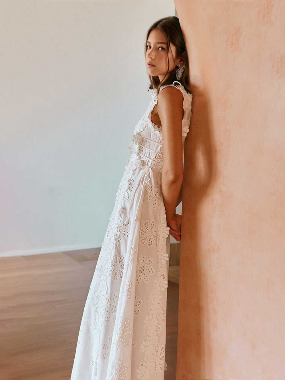 Crochet Lace-Up Maxi Dress