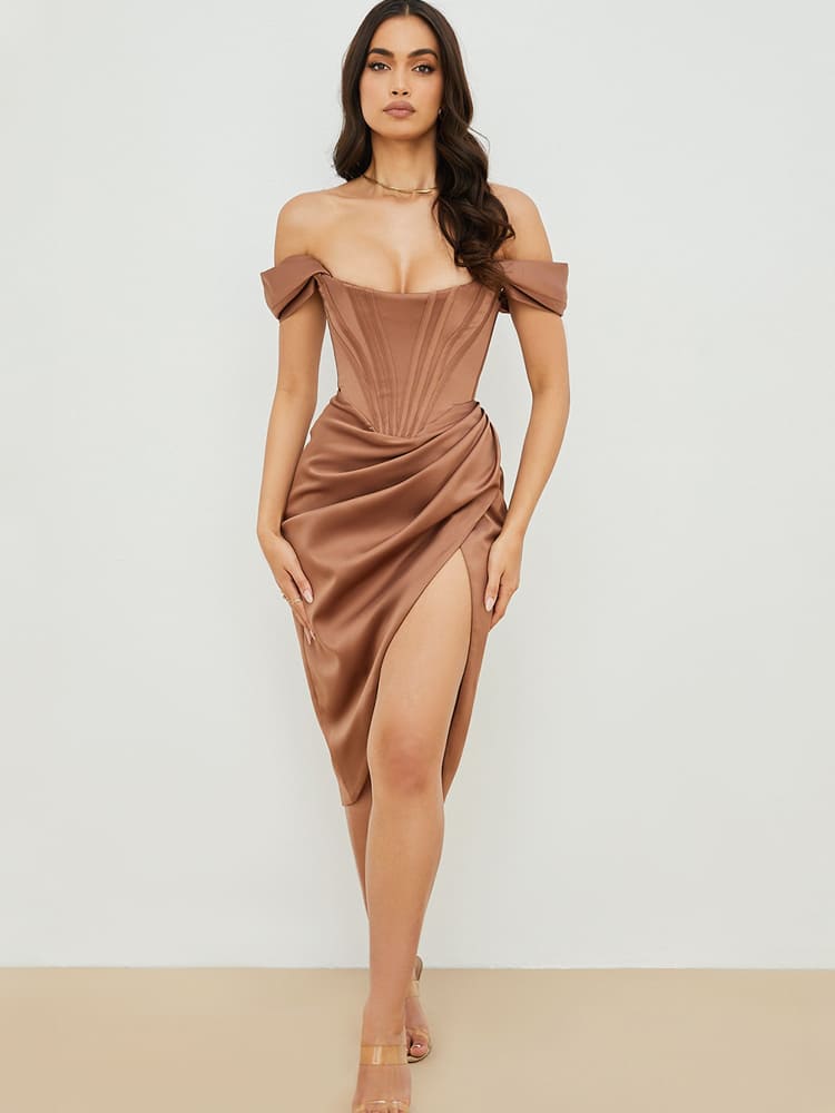 Brown Corset Bodycon Midi Dress