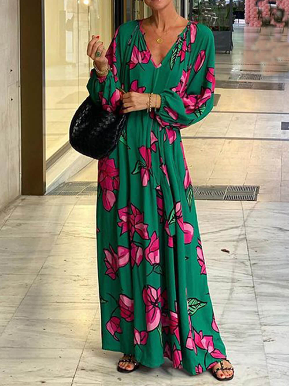 Printed V-Neck Beach Maxi Dress
