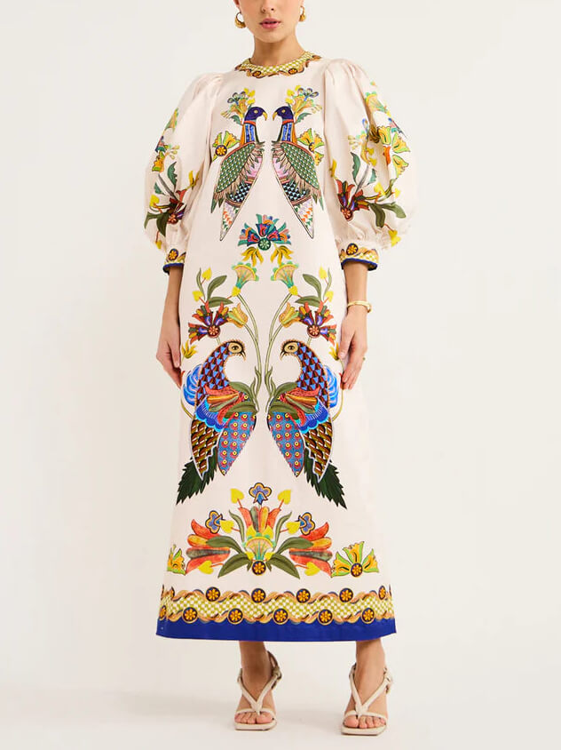 Puff-Sleeve Doodle Print Midi Dress