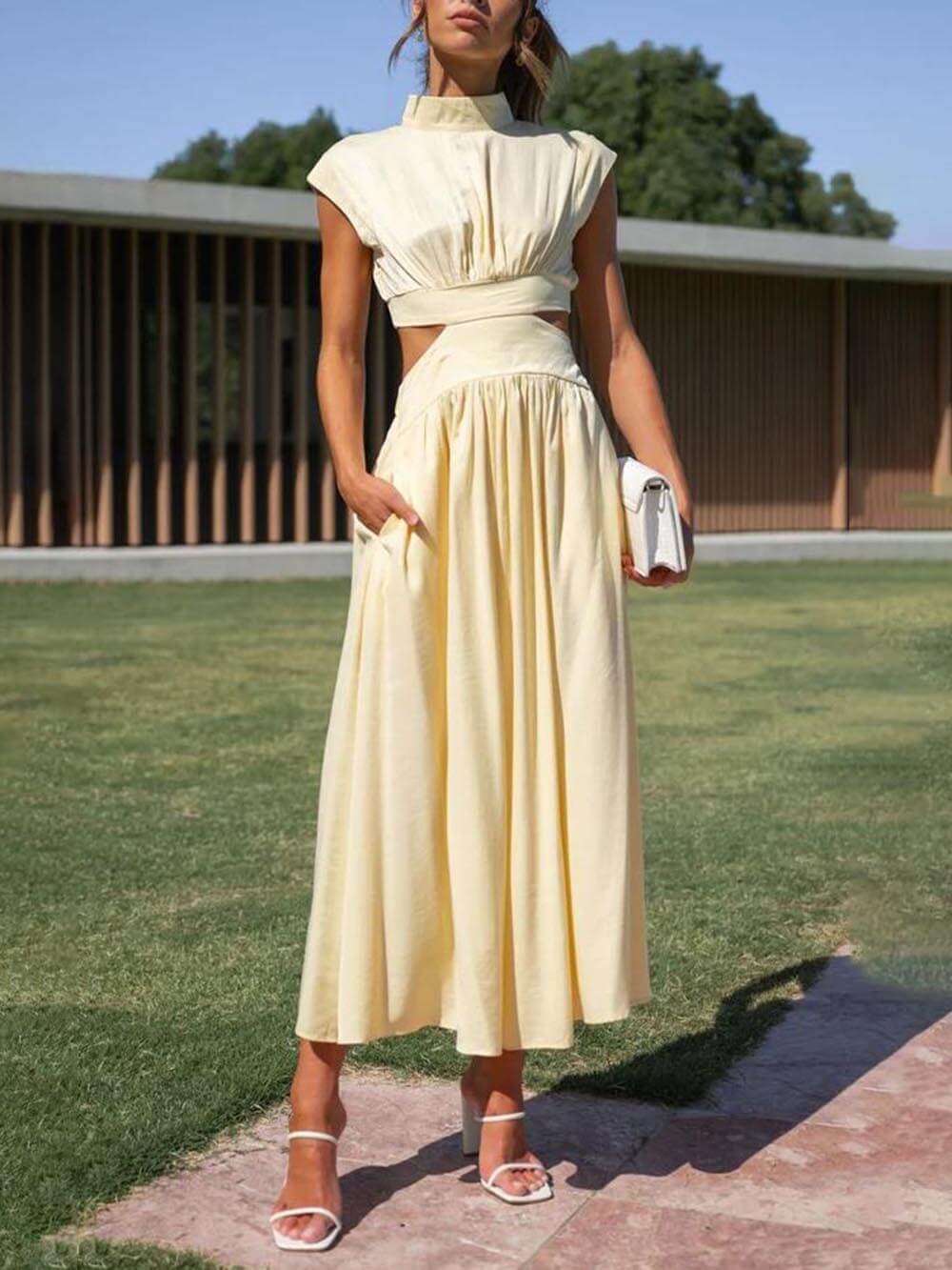 Cutout Waist Pocket Midi Dress